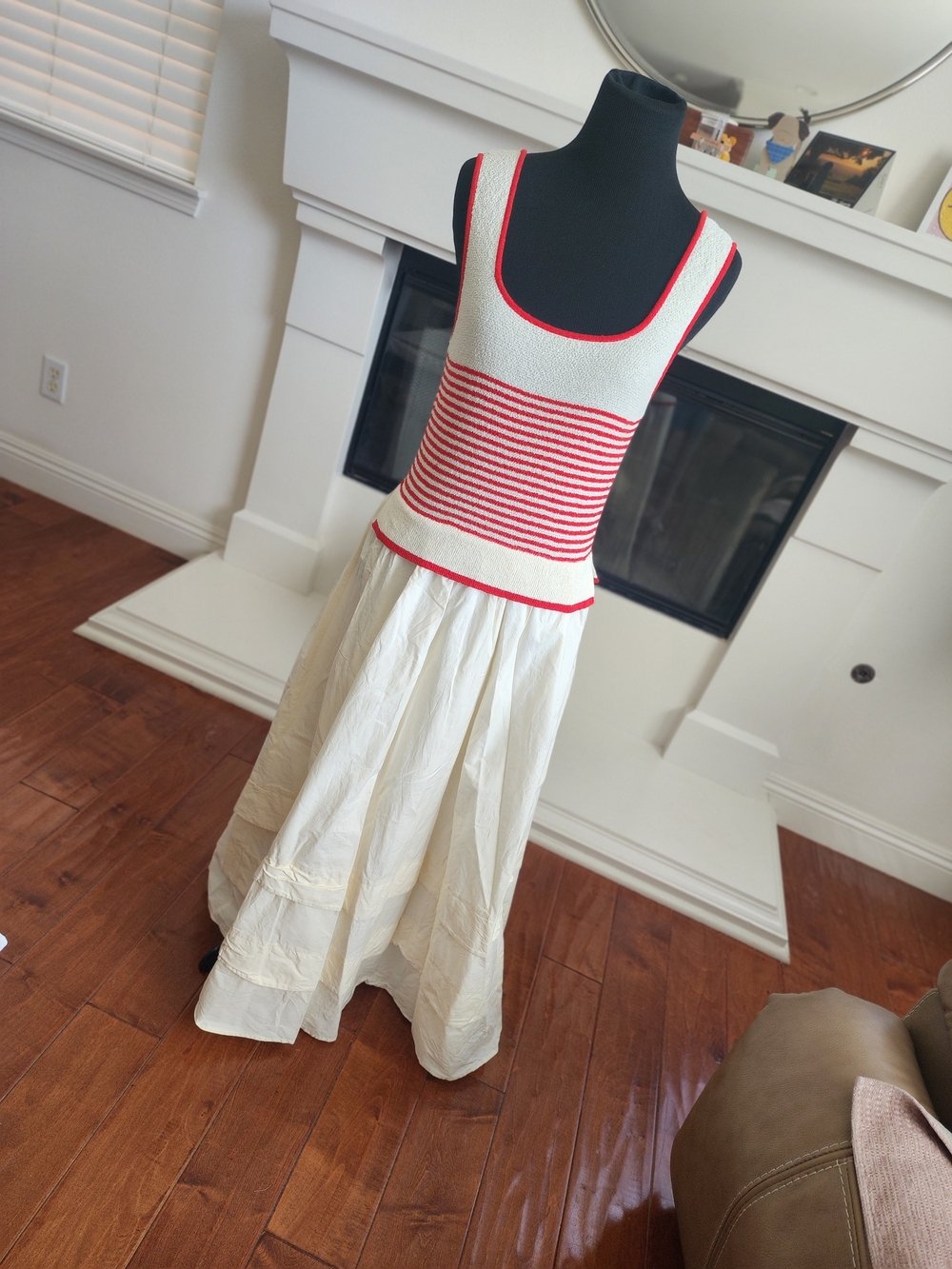 Moon River Cream Maxi Dress with Red Striped Bodice